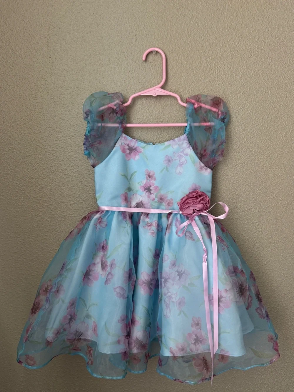Rare Editions Blue Floral Organza Dress with Pink Accents